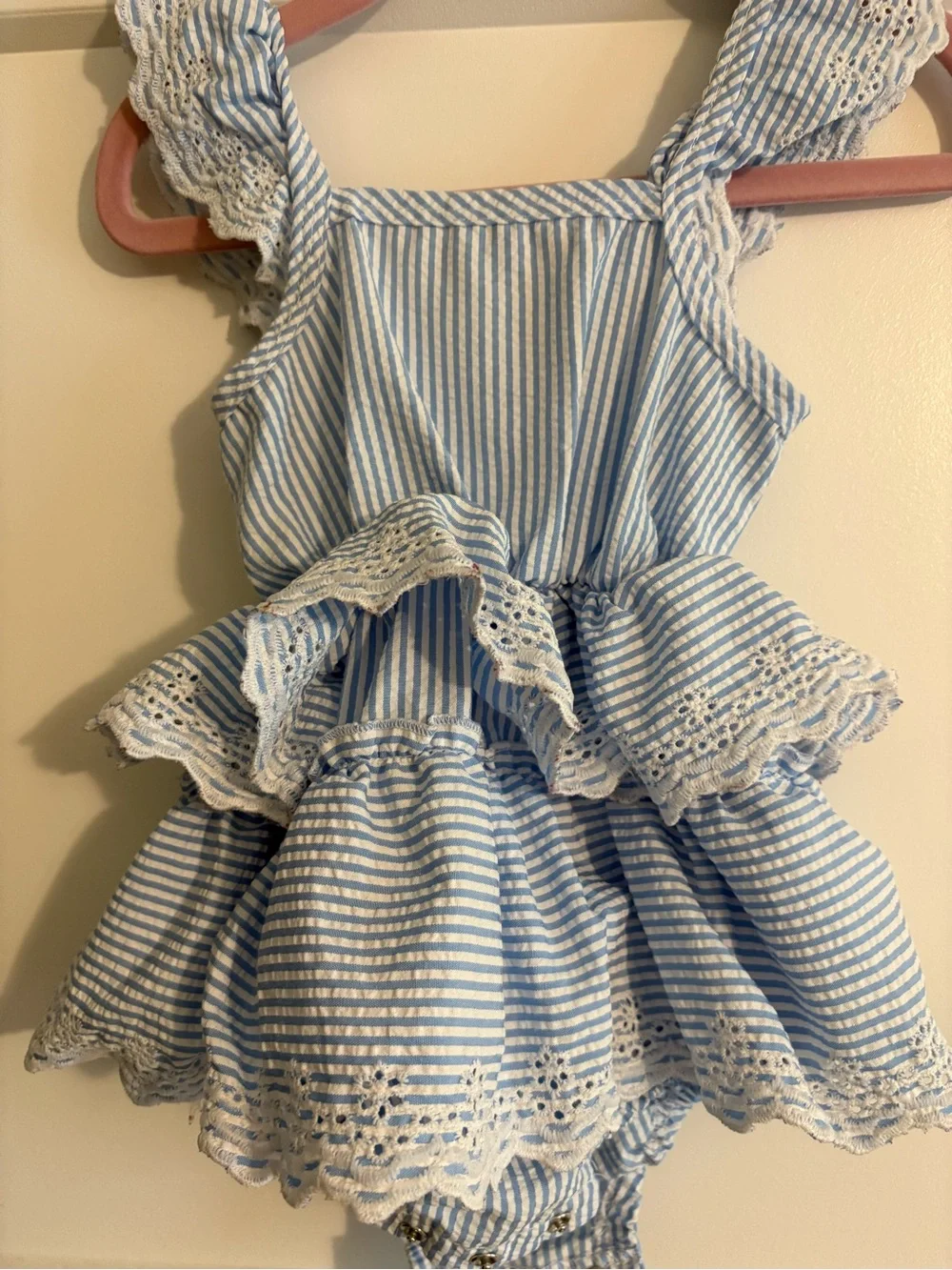 Rachel Zoe Light Blue and White Striped Ruffle One-Piece
